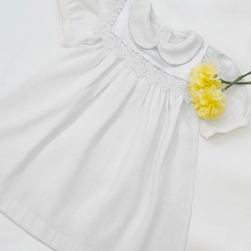 "Cotton White and Lemon Self-Woven Frocks With Satin Lace Flaps"