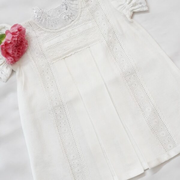 "White Self-Woven Cotton Frocks With Victorian Necks & Box Pleate"